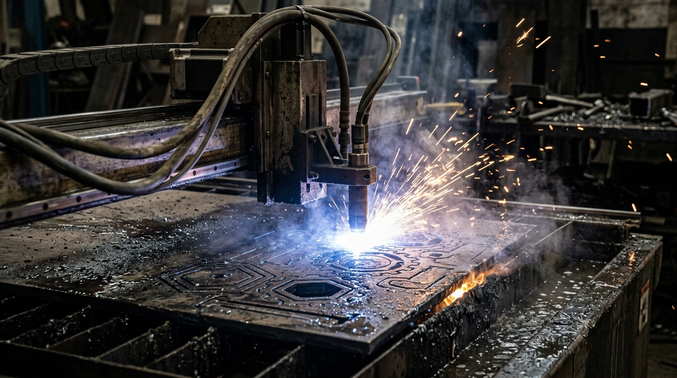 CNC plasma cutting table mid-cut through steel plate with bright arc light and sparks flying upward