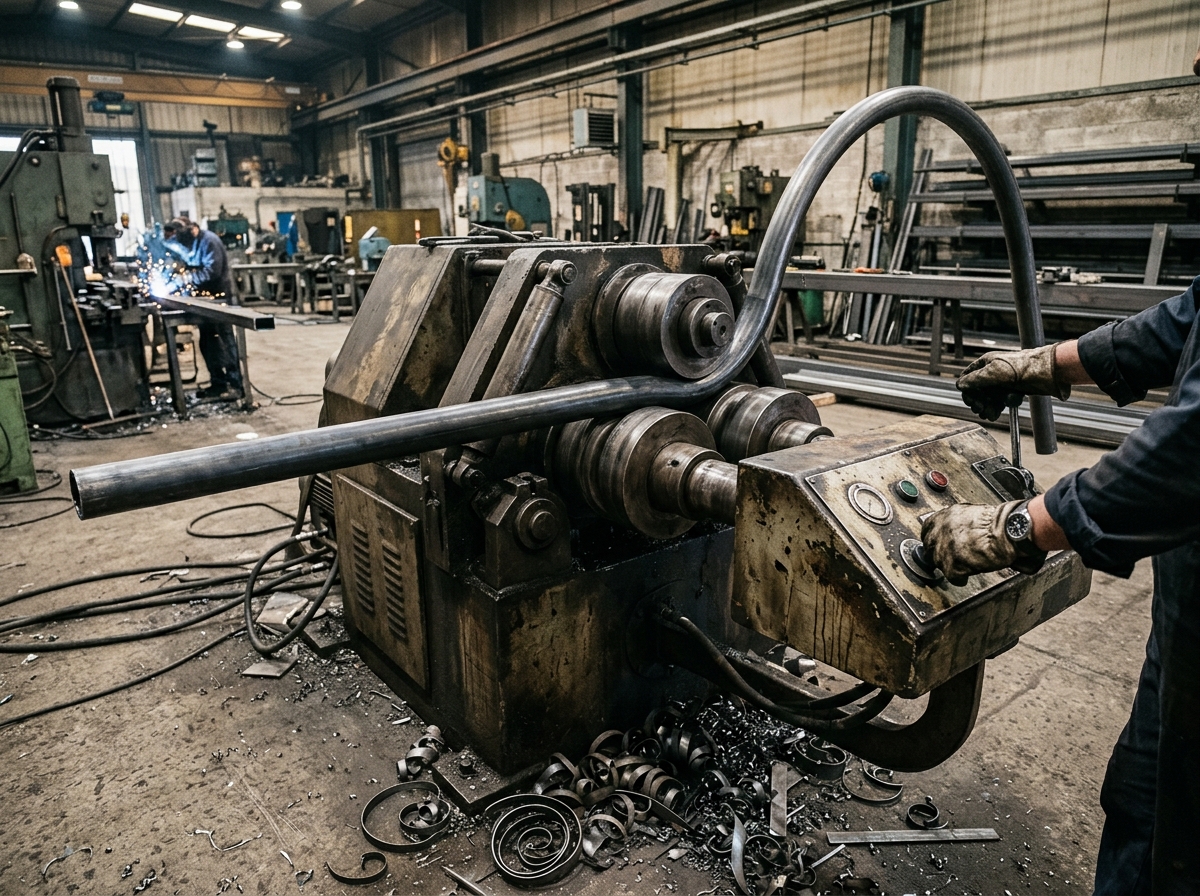 Industrial press brake bending a length of steel tube into a smooth radius arch shape