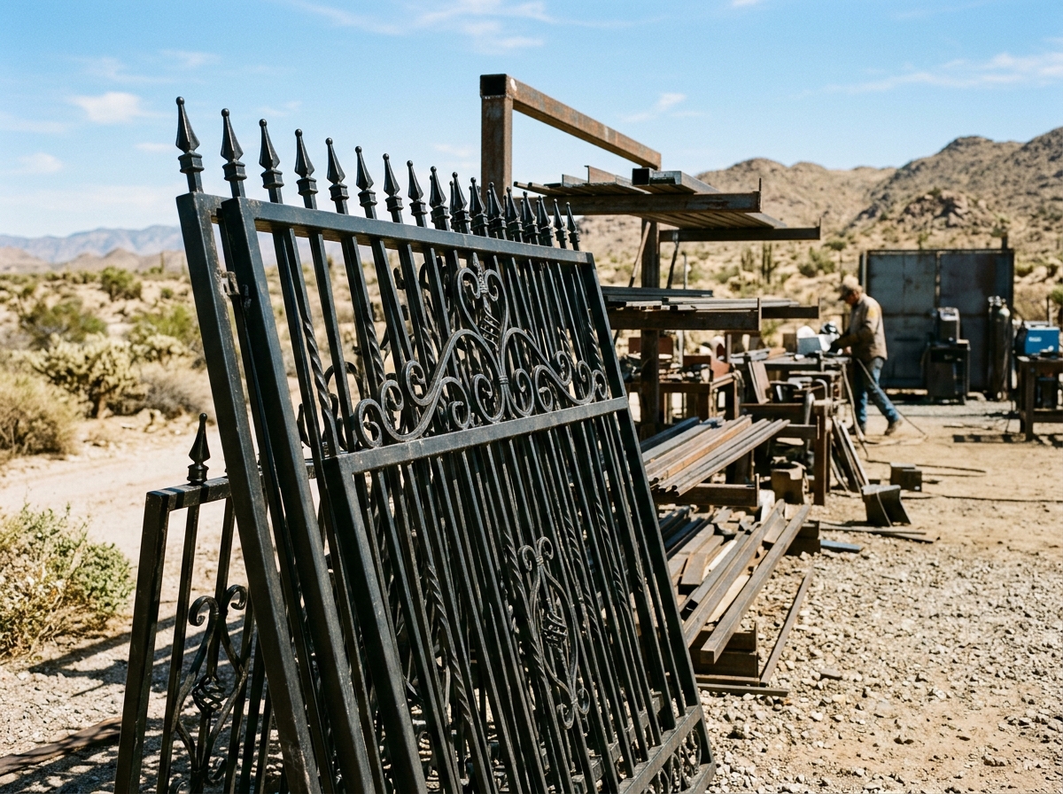 Finished black powder-coated wrought-iron fence panels and spear-top pickets leaning against a rack in the fabrication yard