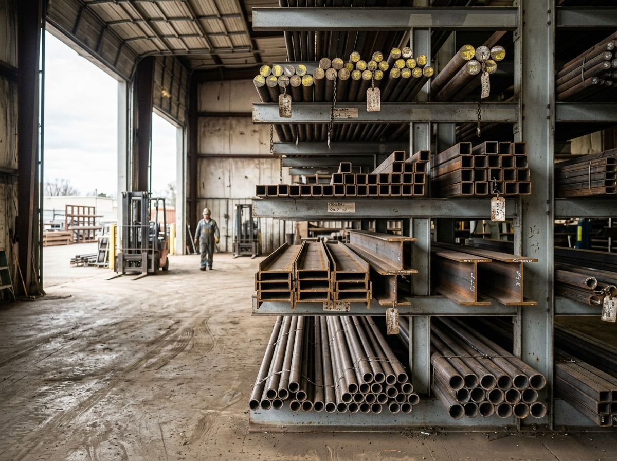 Organized raw steel stock — bar, square and round tube, and structural I-beam shapes racked in a Tucson supply yard