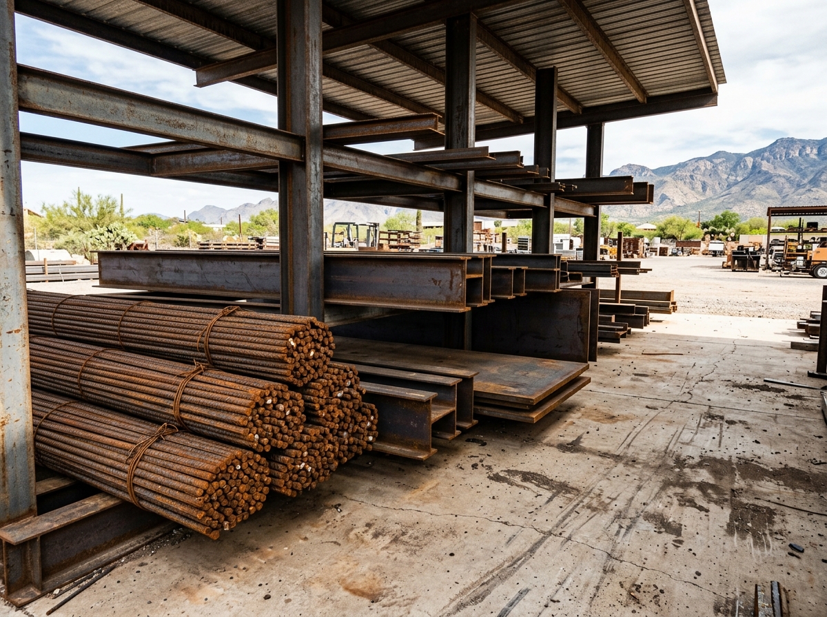Bundled steel rebar stacked on a supply yard rack next to structural steel beams and plate