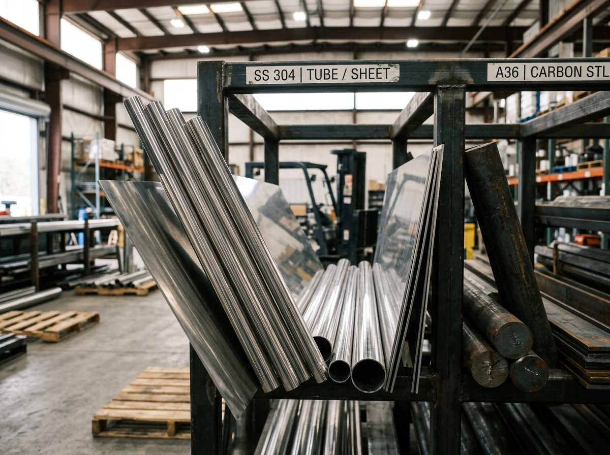Polished stainless steel sheet and tube stock in a labeled rack, catching warehouse light