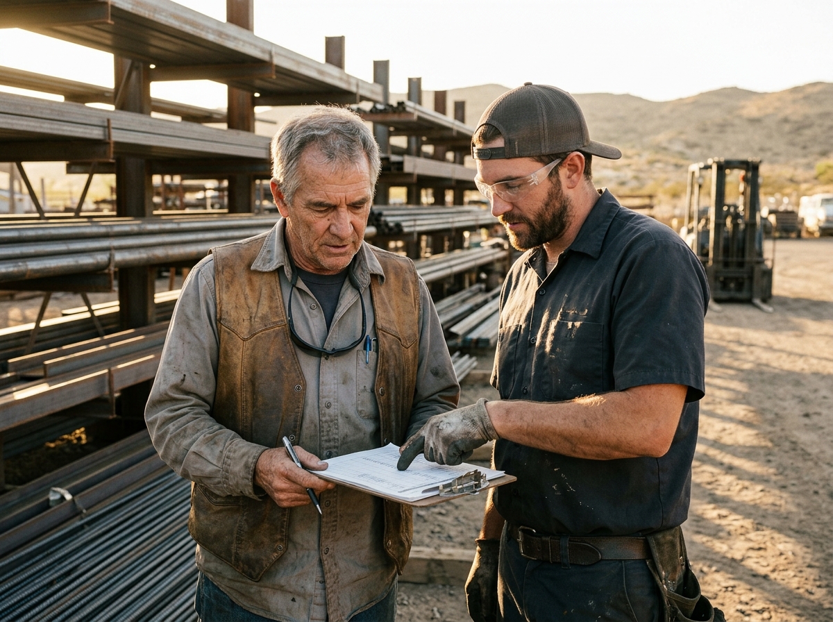 Two generations of steel-yard workers reviewing a steel order clipboard in front of racked steel stock