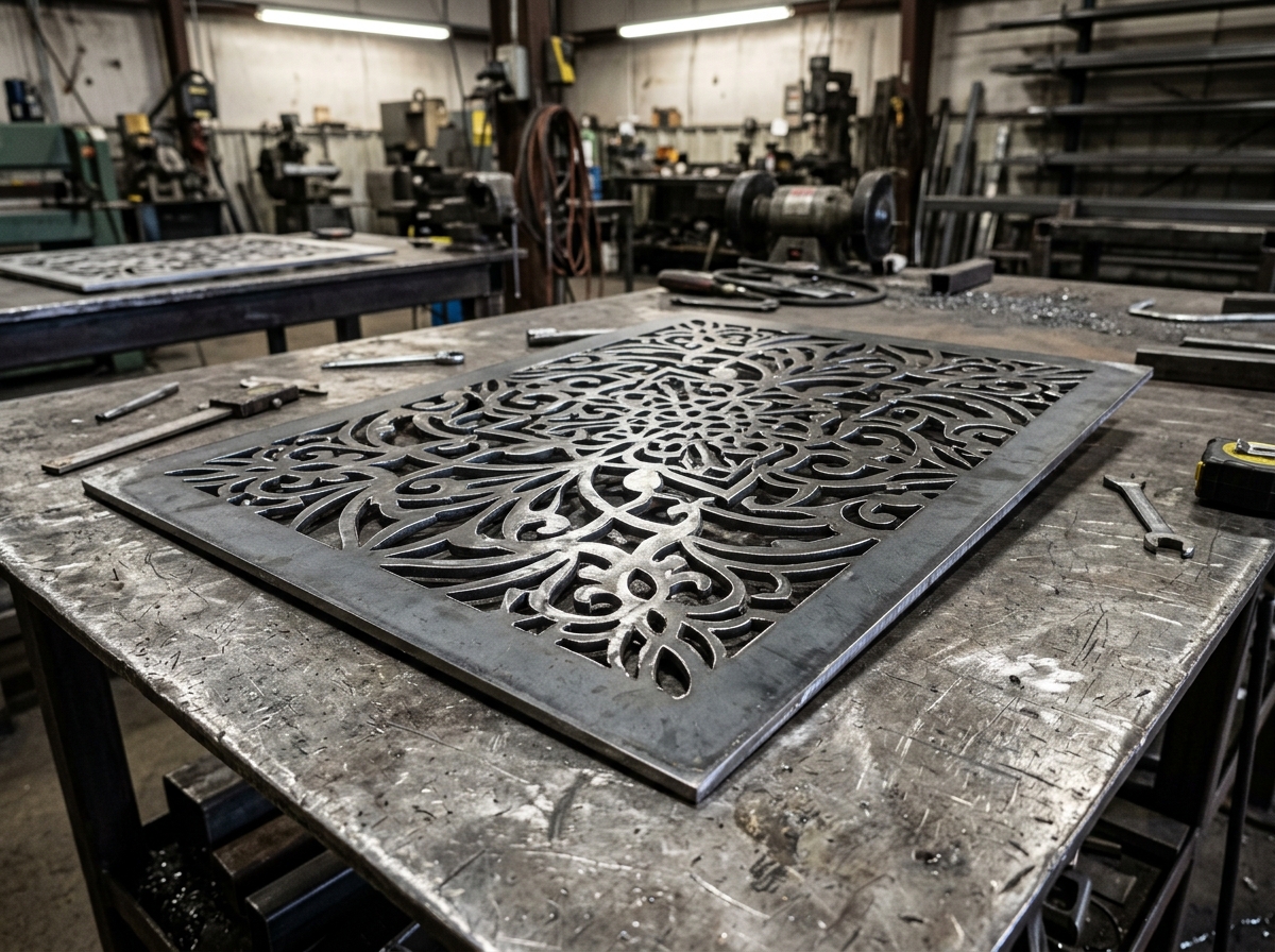 Custom water-jet-cut steel bracket with an intricate cut-out pattern resting on a workbench