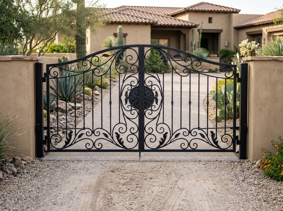 Completed custom ornamental wrought-iron gate installed at a residential driveway entrance with intricate scroll ironwork
