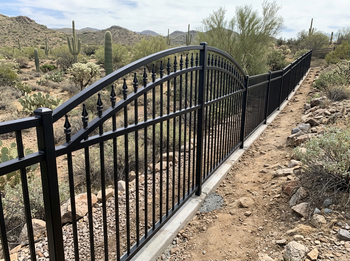 Finished radius-arch-top steel fence panel installed along a property line with a smooth curved top rail