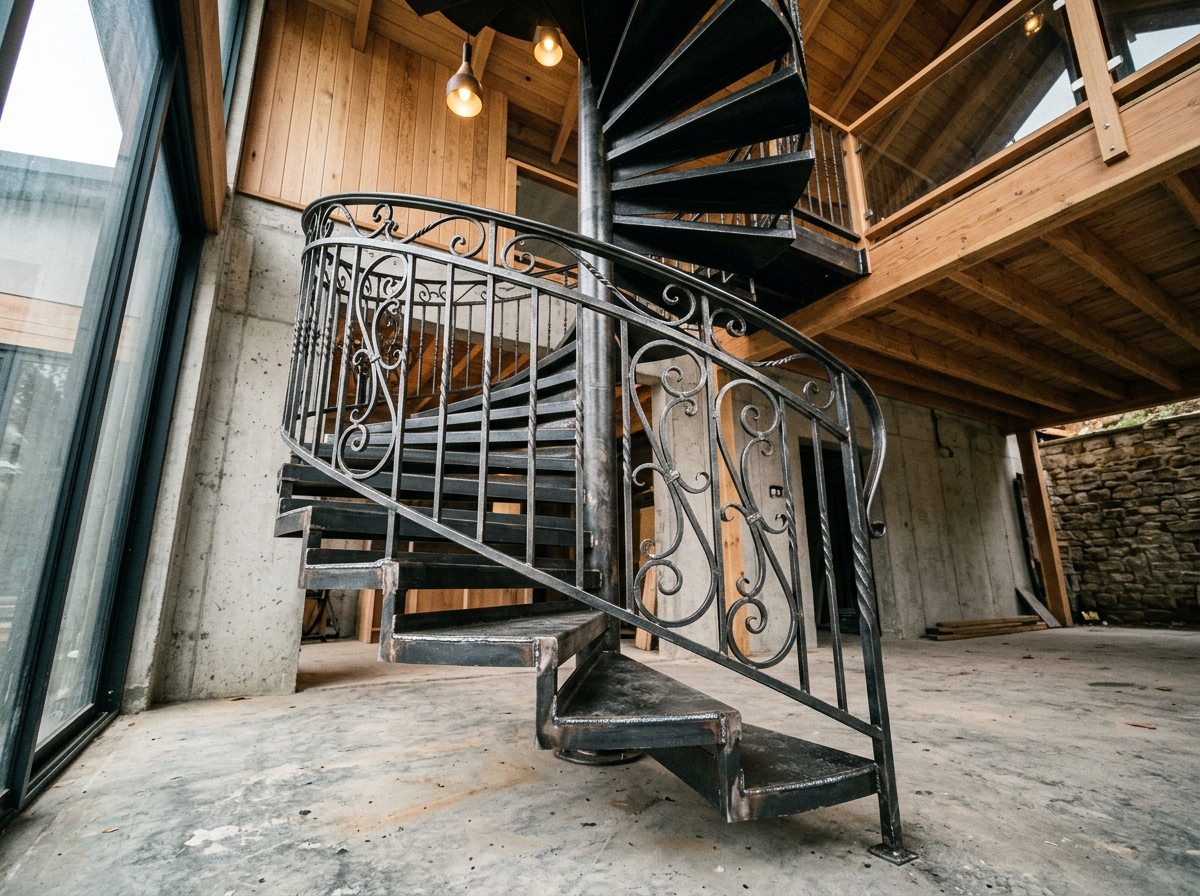 Custom-fabricated steel spiral staircase with ornamental railing and clean welds