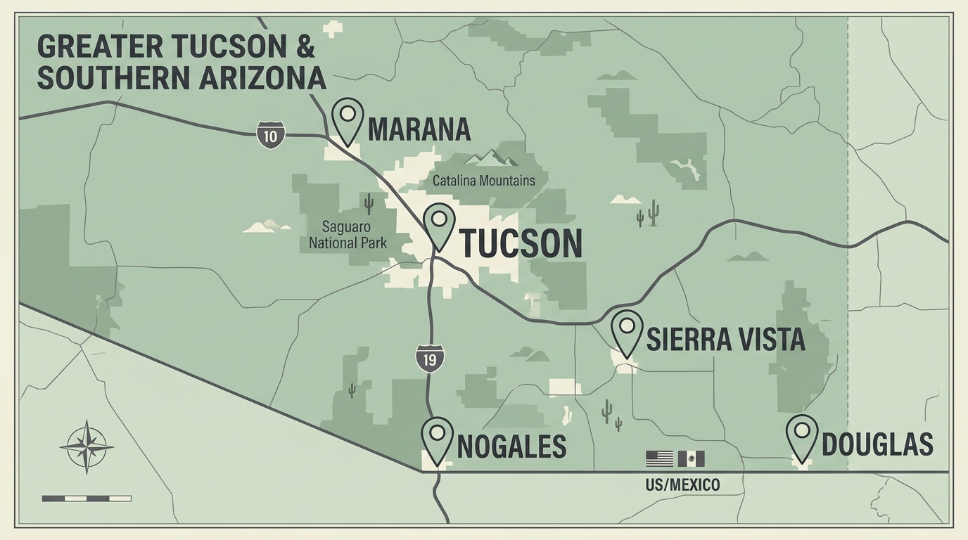 Illustrated map of the greater Tucson, Arizona metro area with labeled pins for Tucson, Sierra Vista, Nogales, Douglas, and Marana