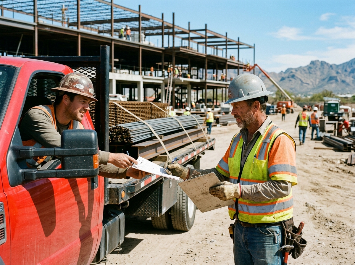 Construction contractor in a hard hat and safety vest receiving a delivery of steel stock from a flatbed truck at an active job site