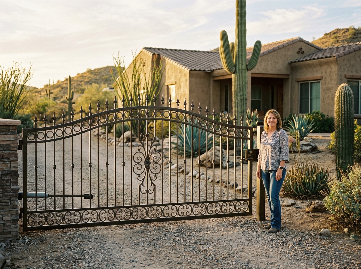 Homeowner standing beside a finished custom wrought-iron driveway gate with ornamental scrollwork at a desert-landscaped home