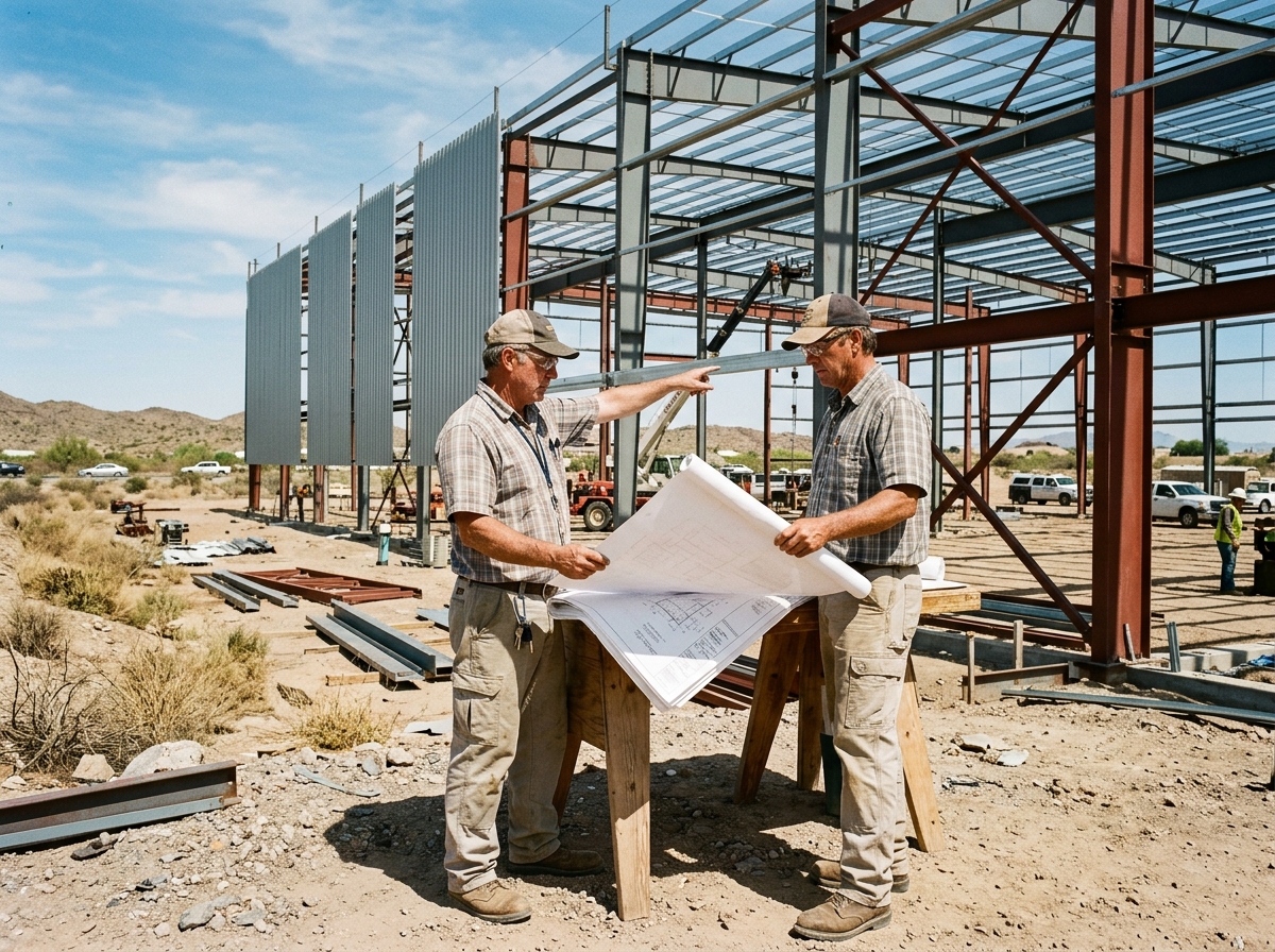 Business owner reviewing blueprints against a steel-framed industrial structure in a Tucson industrial park