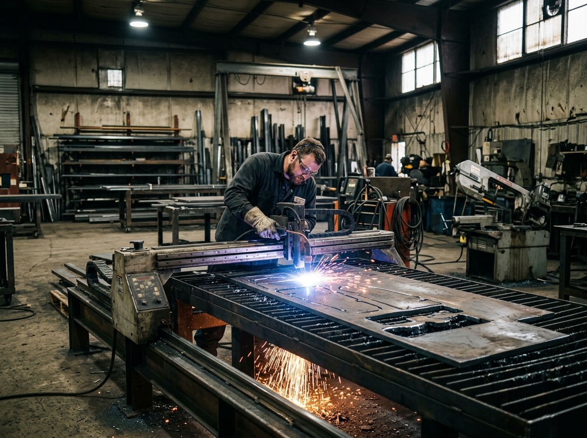 Worker in safety glasses and gloves operating a CNC plasma cutting table with bright arc light and sparks in the Arizona Steel fabrication shop
